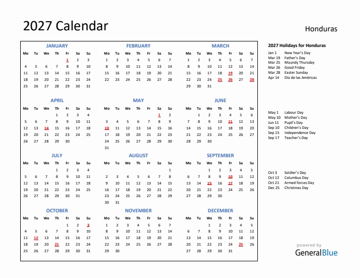 2027 Calendar with Holidays for Honduras