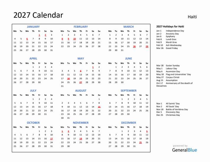 2027 Calendar with Holidays for Haiti
