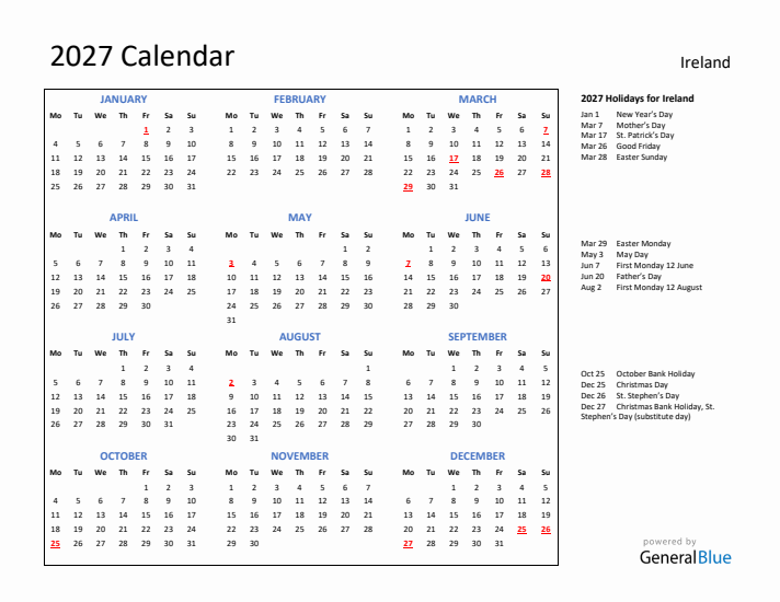 2027 Calendar with Holidays for Ireland