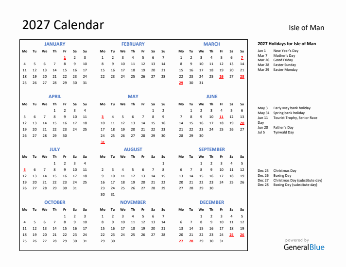 2027 Calendar with Holidays for Isle of Man