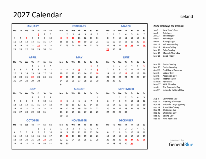 2027 Calendar with Holidays for Iceland