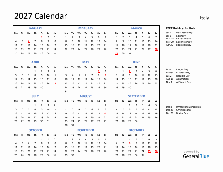 2027 Calendar with Holidays for Italy