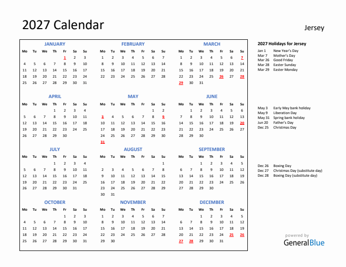 2027 Calendar with Holidays for Jersey