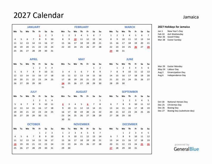 2027 Calendar with Holidays for Jamaica