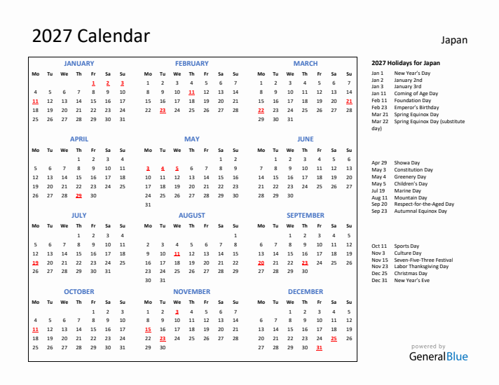 2027 Calendar with Holidays for Japan