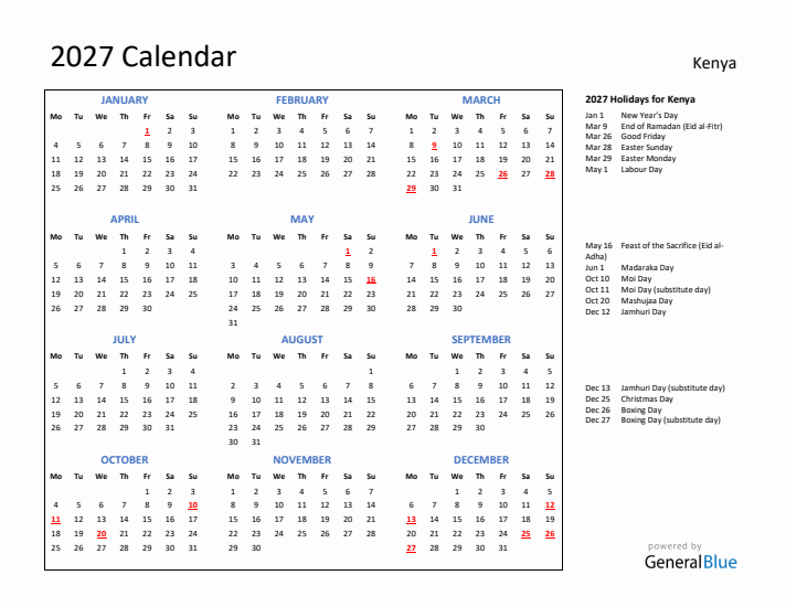 2027 Calendar with Holidays for Kenya
