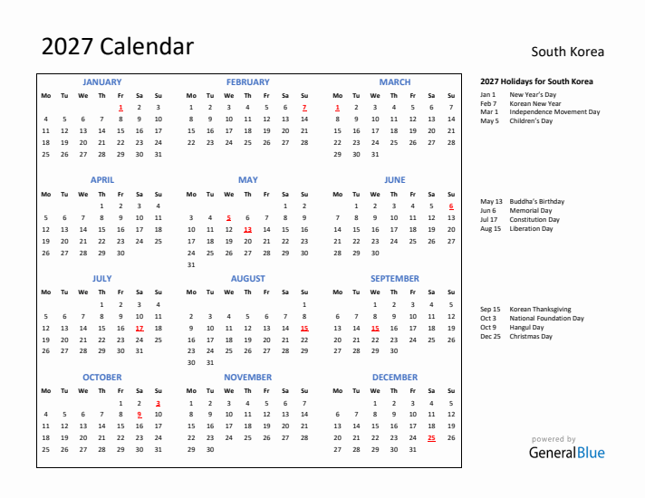 2027 Calendar with Holidays for South Korea