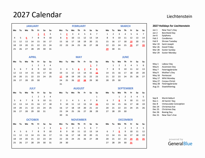 2027 Calendar with Holidays for Liechtenstein