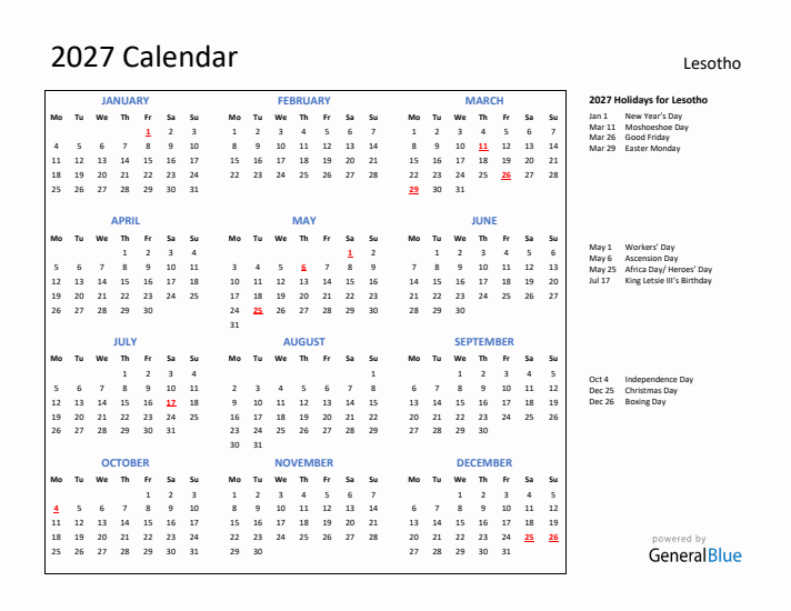 2027 Calendar with Holidays for Lesotho
