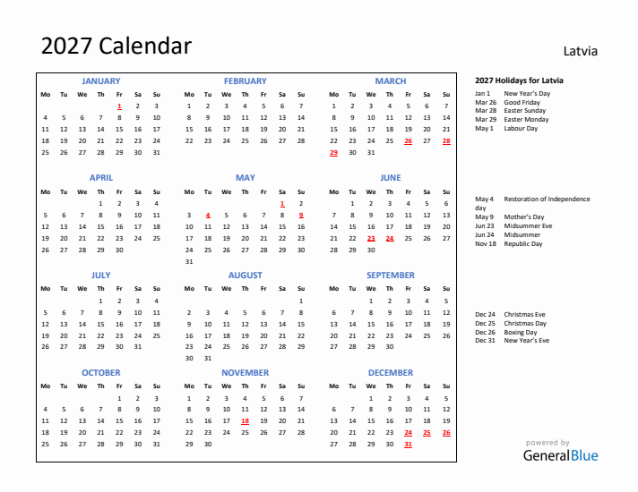 2027 Calendar with Holidays for Latvia