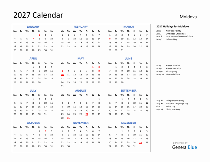 2027 Calendar with Holidays for Moldova