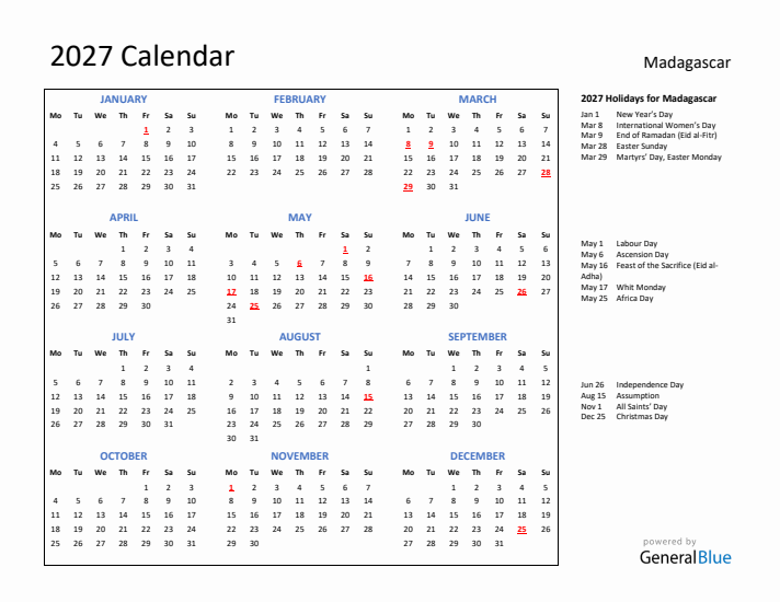 2027 Calendar with Holidays for Madagascar