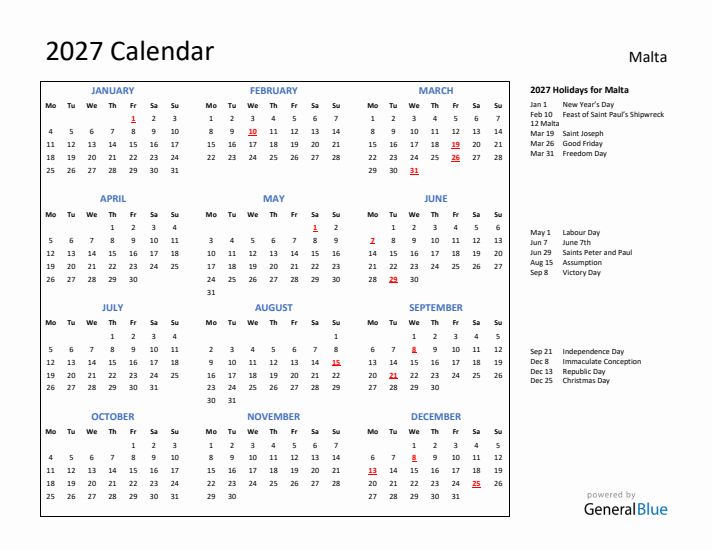 2027 Calendar with Holidays for Malta
