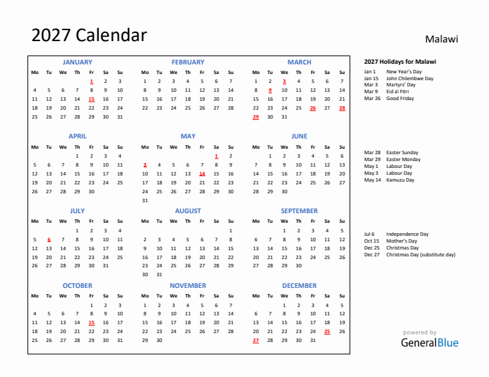 2027 Calendar with Holidays for Malawi