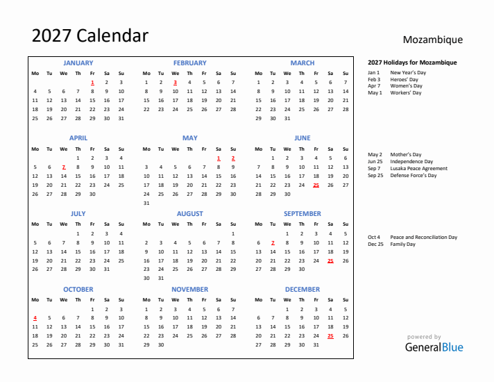 2027 Calendar with Holidays for Mozambique