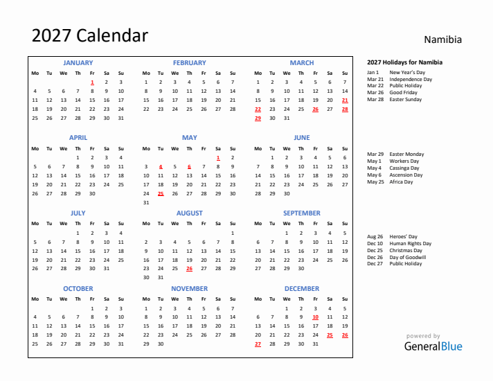 2027 Calendar with Holidays for Namibia