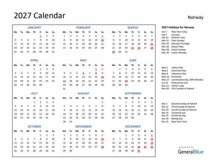2027 Calendar with Holidays for Norway