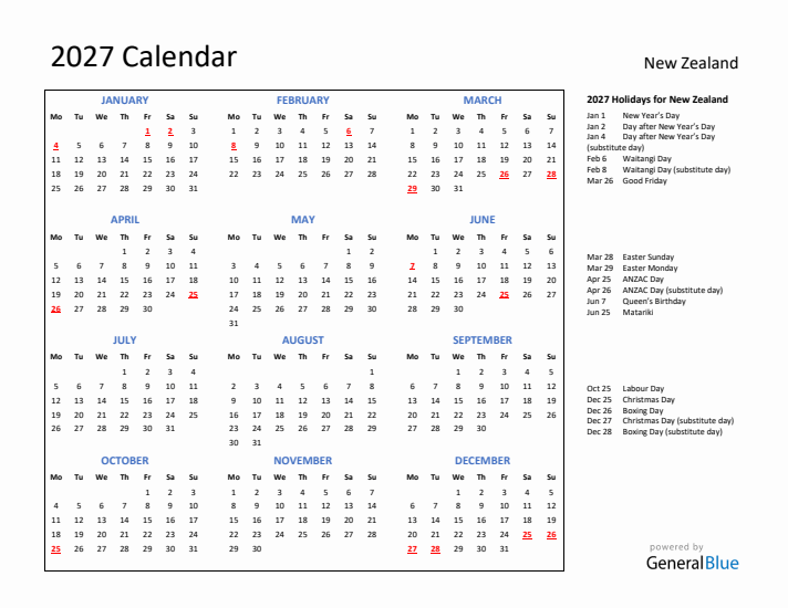 2027 Calendar with Holidays for New Zealand