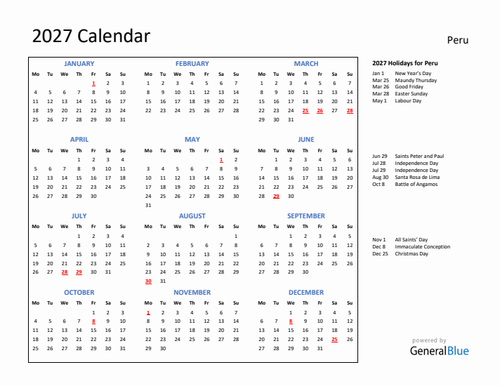 2027 Calendar with Holidays for Peru