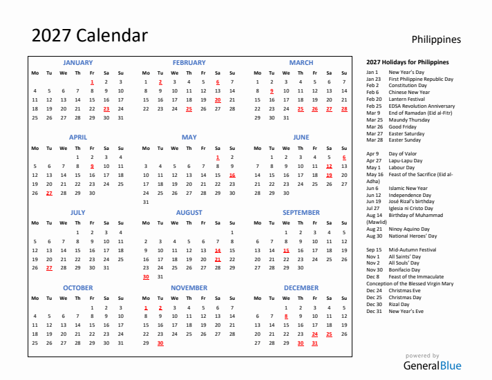 2027 Calendar with Holidays for Philippines