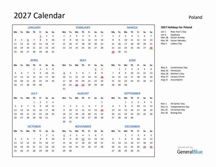 2027 Calendar with Holidays for Poland