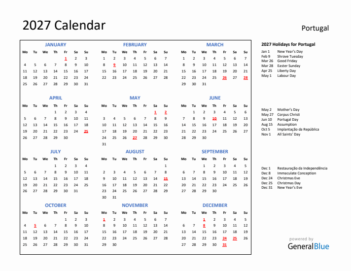 2027 Calendar with Holidays for Portugal