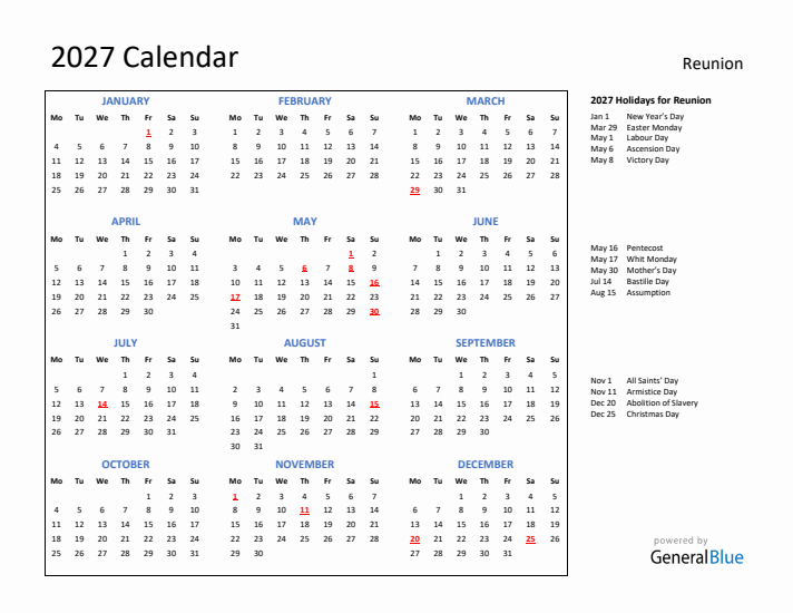 2027 Calendar with Holidays for Reunion