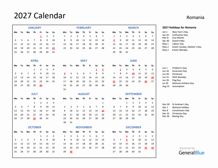 2027 Calendar with Holidays for Romania