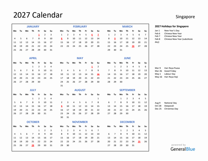 2027 Calendar with Holidays for Singapore