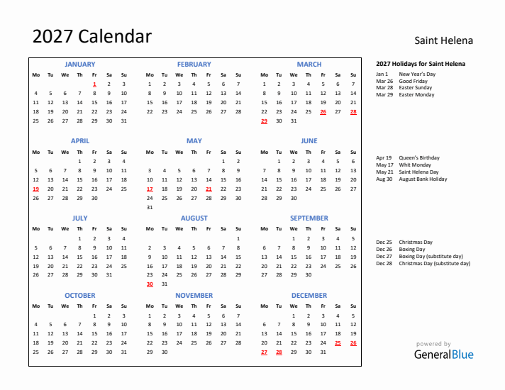 2027 Calendar with Holidays for Saint Helena