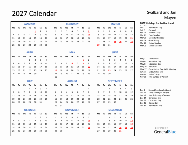 2027 Calendar with Holidays for Svalbard and Jan Mayen