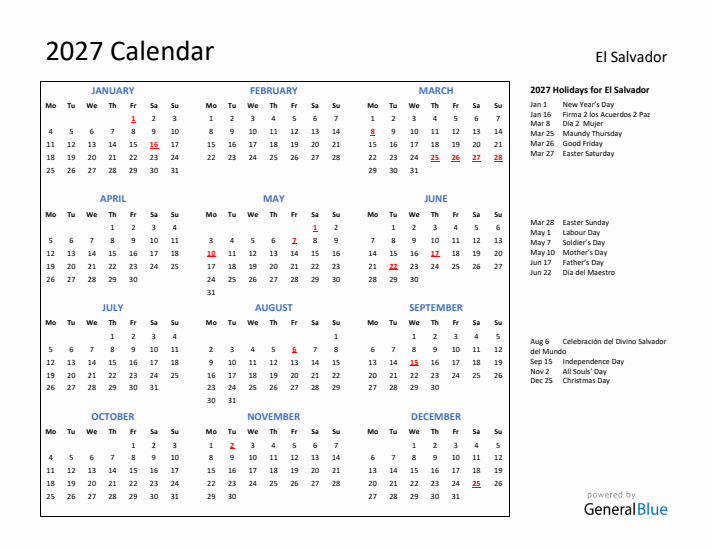 2027 Calendar with Holidays for El Salvador