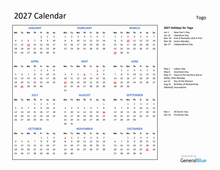 2027 Calendar with Holidays for Togo
