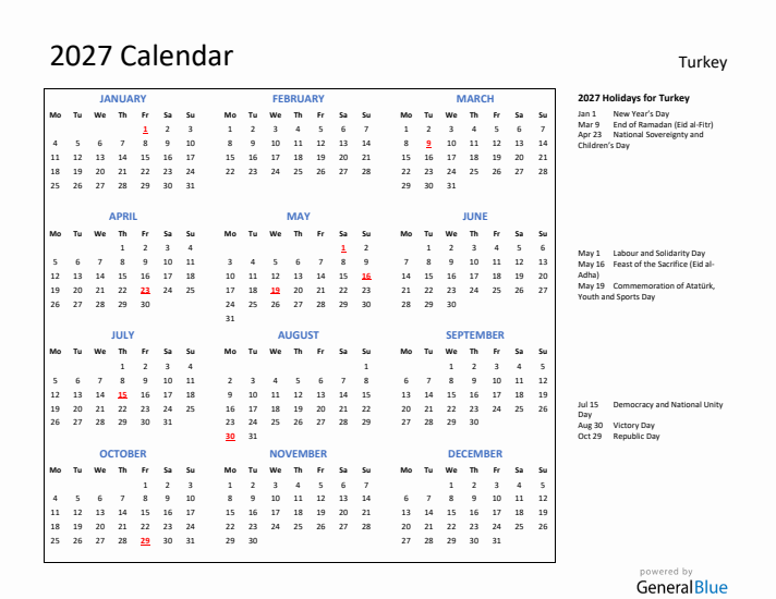 2027 Calendar with Holidays for Turkey