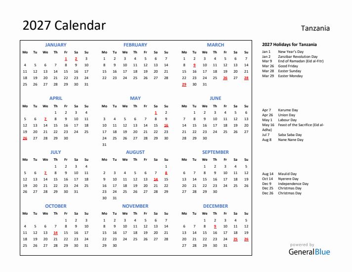 2027 Calendar with Holidays for Tanzania