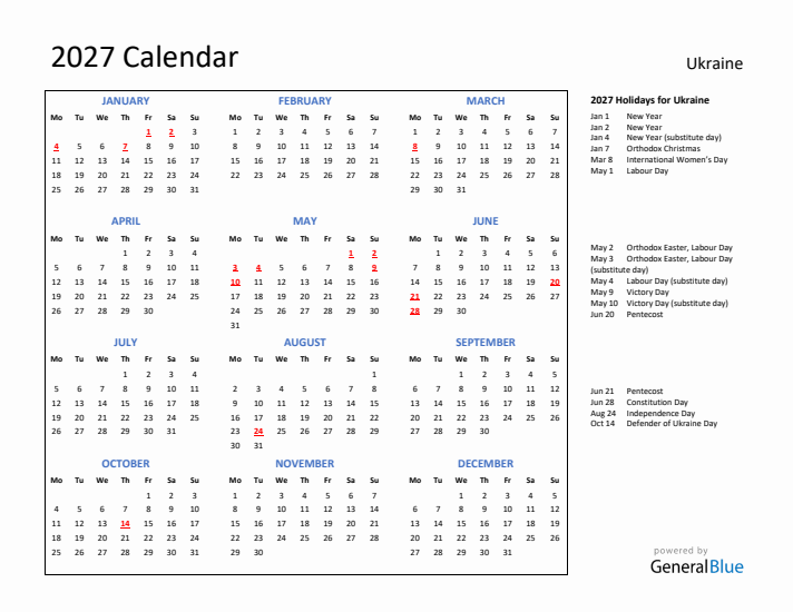 2027 Calendar with Holidays for Ukraine