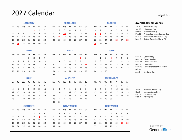 2027 Calendar with Holidays for Uganda