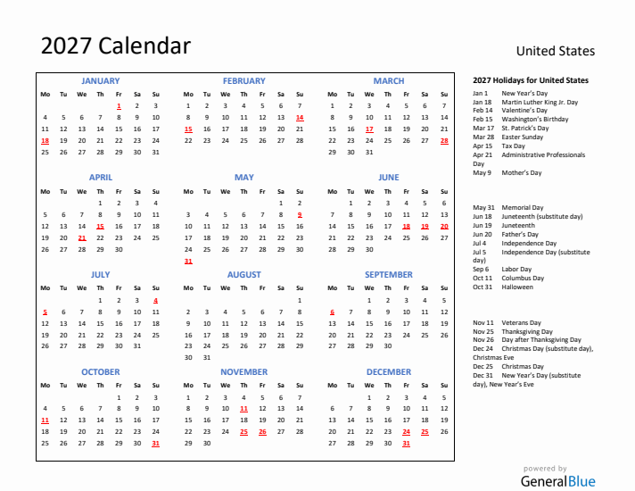 2027 Calendar with Holidays for United States