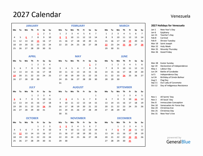 2027 Calendar with Holidays for Venezuela