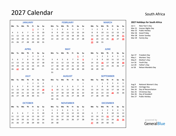 2027 Calendar with Holidays for South Africa