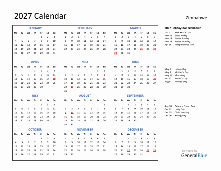 2027 Calendar with Holidays for Zimbabwe