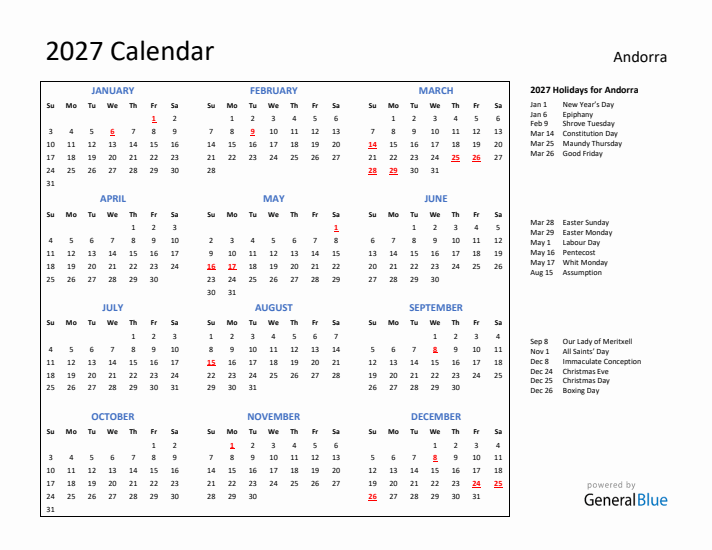 2027 Calendar with Holidays for Andorra