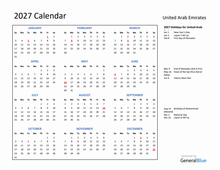 2027 Calendar with Holidays for United Arab Emirates