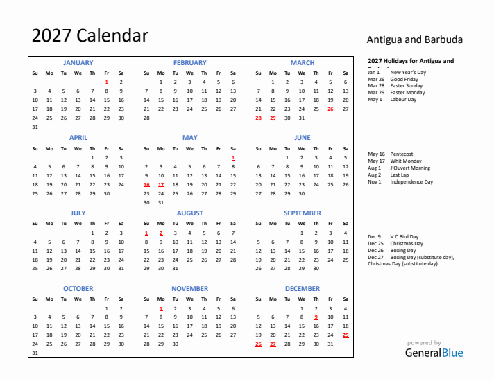 2027 Calendar with Holidays for Antigua and Barbuda