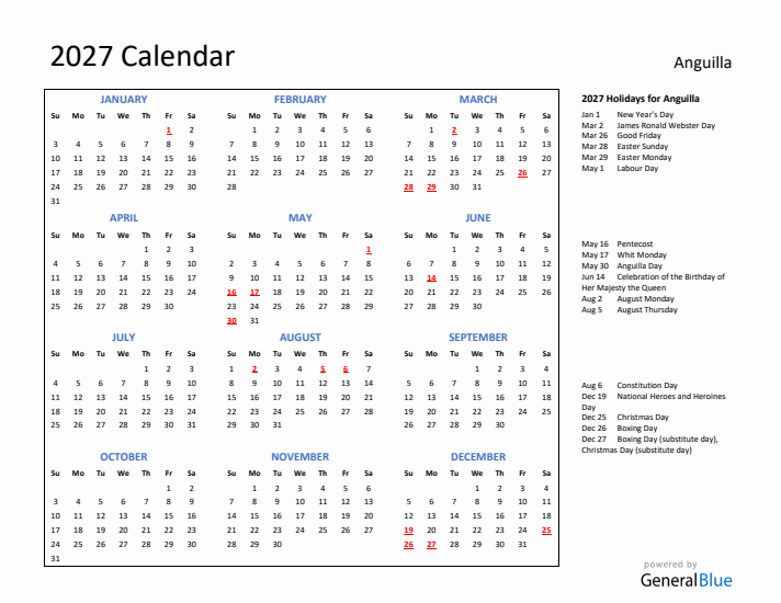 2027 Calendar with Holidays for Anguilla