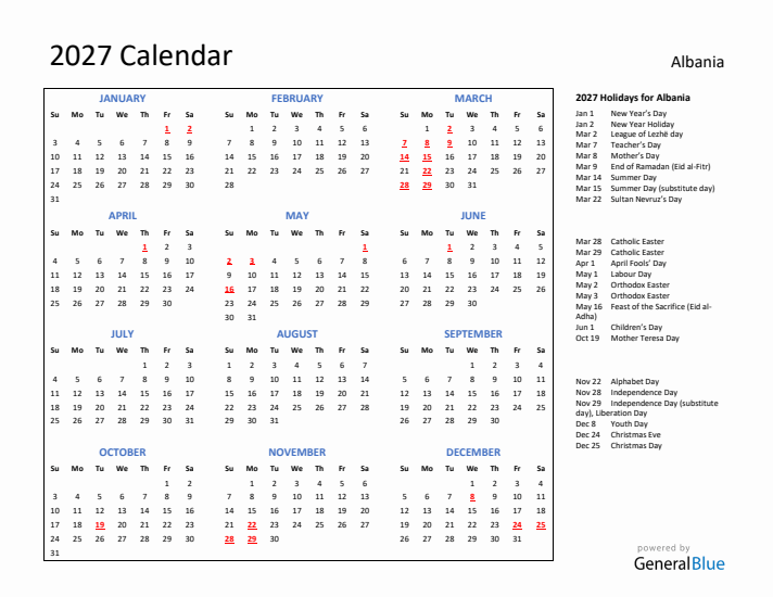 2027 Calendar with Holidays for Albania