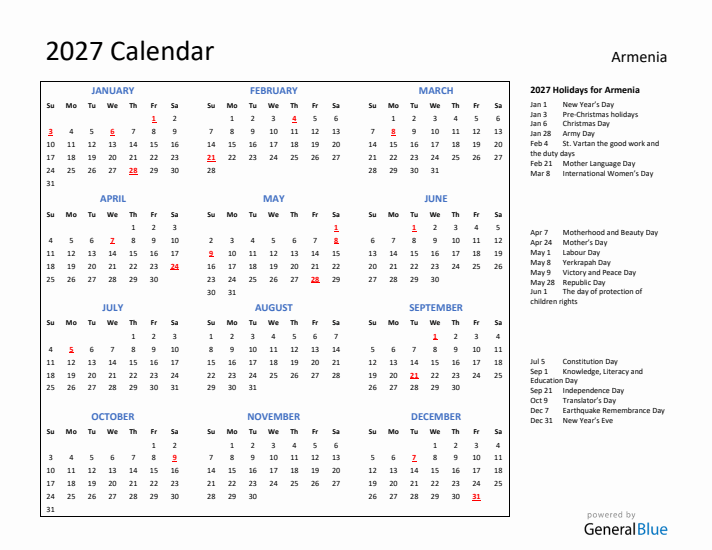 2027 Calendar with Holidays for Armenia