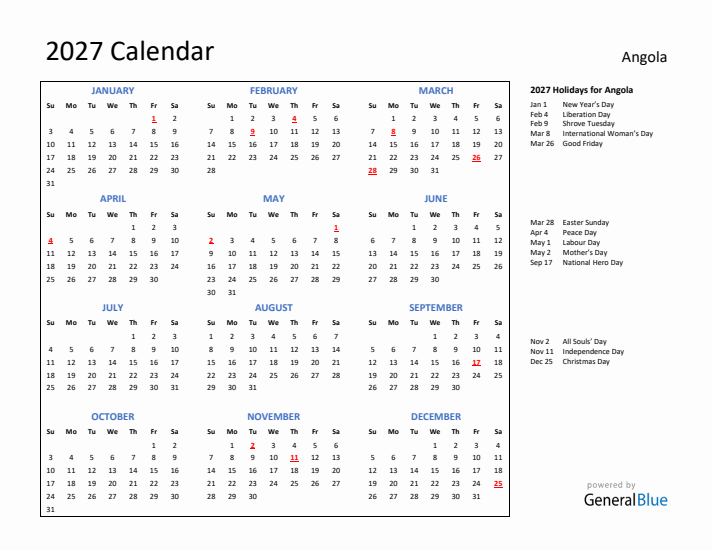 2027 Calendar with Holidays for Angola