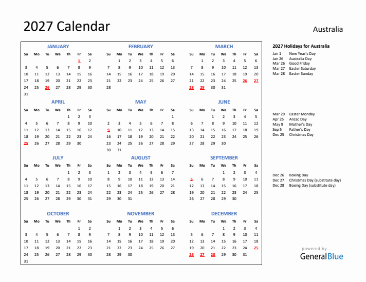 2027 Calendar with Holidays for Australia