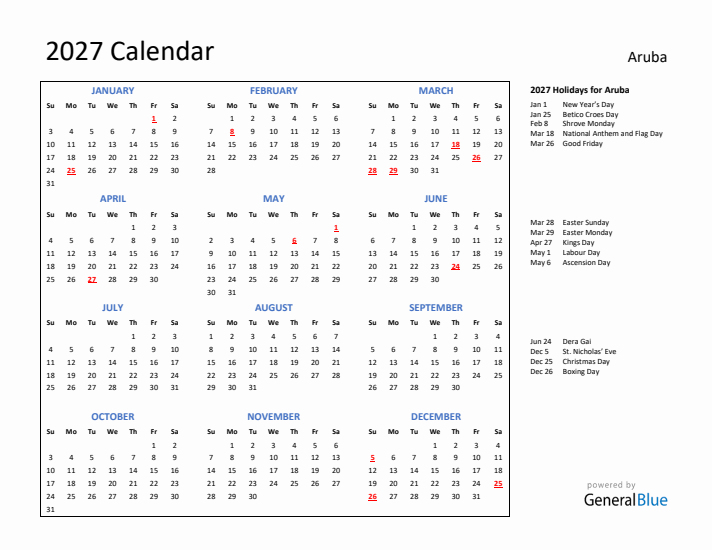 2027 Calendar with Holidays for Aruba